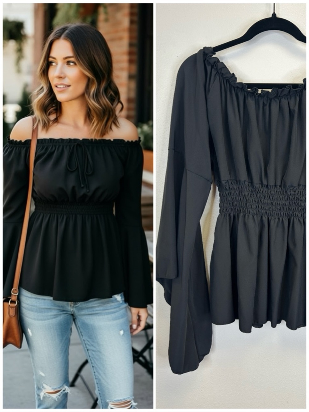 Gothic Vampire Off Shoulder Black Smocked Waist XL Renaissance Bell Sleeves